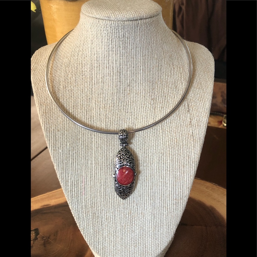 Stainless Steel Scrollwork Framed Carnelian Pendant ~ 2-1/2” long